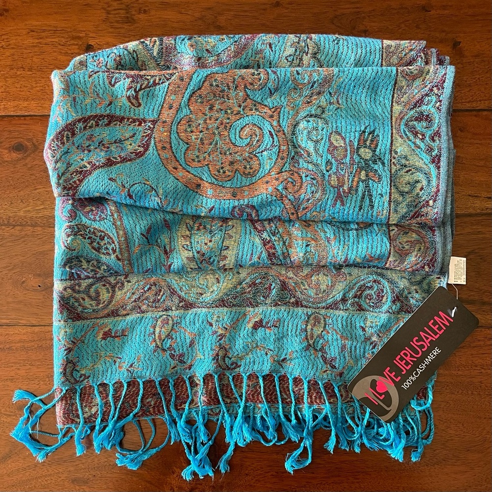 Cashmere Paisley Scarf with Fringe in Blue and Brown
